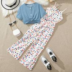 SHEIN Tween Girl Summer Short Sleeve Denim Top And Polka Dot Printed Wide Leg Jumpsuit Set