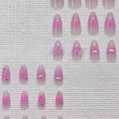 SHEIN Press On Nails Medium Almond Fake Nails Glossy Glue On Nails Pink Ombre Acrylic Nails Bling Glitter Stiletto Artificial Nails Cute Bow Heart Rhineston