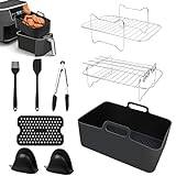 6PCS Ninja Air Fryer Accessories,Ninja Dual Silicone Air Fryer Liners with  Oil Brush/ BBQ Clip/ Silicone gloves,Air Fryer Rack Accessories for Oven,  and Microwave (grey) 