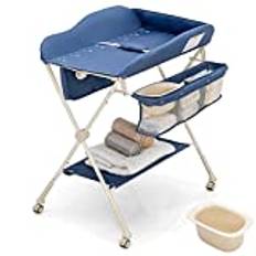 INFANS Portable Baby Changing Table, Folding Diaper Dresser Station with Wheels, Adjustable Height, Safety Belt, Drying and Storage Rack, Mobile Nursery Organizer Stand for Newborn Infant (Blue)