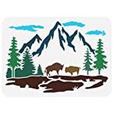 FINGERINSPIRE Mountain Tree Bison Family Stencil 21x29.7cm Reusable Mountain Forest Stencil for Painting Bison Drawing Stencil Animal Plants Stencil for Painting on Wall Wood Fabric Furniture