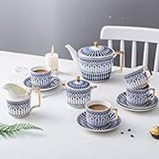 DDKYHU Porcelain Tea Set Blue Coffee Cups And Saucer Ceramic Coffee Set With Teapot, Sugar Bowl, Teaspoons,11Pcs