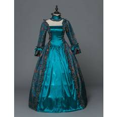 Victorian Dress Costume Women's Baroque Masquerade Ball Gowns Blue Floral Long Sleeves with Choker Victorian Era Clothing with hat Retro Costumes Halloween