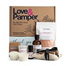 Love & Pamper LUXURY CALM and RELAXING - Aromatherapy Pamper Gift Set for Women,ECO FRIENDLY,Sisal Soap Pouch,Essential Oil,Massage Oil,Himalayan Salt,Triple Milled Soap,Soy Wax Candle, 2 Wax Melts