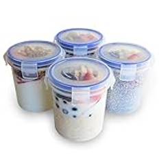 YZWDTGS Overnight Oats Container with Lids (4-Piece set) - 16 oz Plastic Containers - Oatmeal Container to go | Portable Cereal and Milk Container| Snap Lock Storage Jars with Airtight Lids