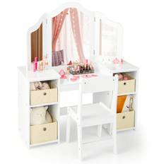 SHEIN Kids Vanity Table  Chair Set Pretend Play Makeup Vanity Set W  Removable Mirrors  Storage Bins For Children Makeup Dressing Table  Chair Set W Mirror