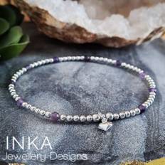 Inka 925 sterling silver handmade beaded anklet with amethyst and a heart charm