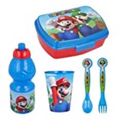 Super Mario Lunch Kit, Children's Lunch Box for School, Includes Sandwich Box, Cutlery, Reusable Bottle, Cup, Snack Holder for Kids