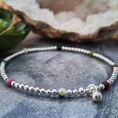 Inka 925 sterling silver handmade beaded anklet with tourmaline and a bell charm