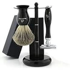 The Body Tools Mens Shaving Kit – 3 Pc Shaving Set – Double Edge Safety Shaving Razor - Badger Shaving Brush – Shaving Stand – Black Color - Fits All DE Blades