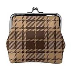 Brown Beige Tartan Plaid, Leather Coin Purse Wallets Leather Change Pouch with Kiss Lock Clasp Buckle Change Purse