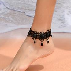 Punk Style Gothic Hollow Lace Flower Anklet Black Ankle Bracelet Wedding Foot Ornament Halloween Decoration - Black Flowers