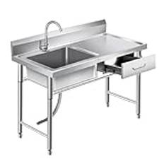 Utility Sink Free Standing,Laundry Room Sink,Worktop Sink with Drawer,with Hot Cold Water Tap and Draining Rack,Single Bowl Hand Wash Basin,for Garage Restaurant Kitchen Laundry Room Outdoor(120x50x80