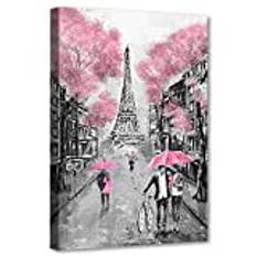 Paris Wall Decor Black and White Effiel Tower Street Oil Painting Framed Giclee Picture Print Paris Iconic Buildings Wall Art Romantic Home Decoration for Living Room Bedroom Bathroom (Pink, 16"x24")