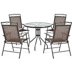 TANGZON Outdoor Dining Set, Patio Tempered Glass Table and Folding Chairs Set with Umbrella Hole, 3/5 Pieces Garden Furniture Set for Lawn, Backyard, Balcony (Table+4 Chairs)