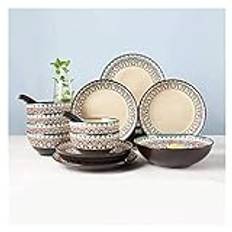 Classic Ceramic 18-Piece Kitchen Dinnerware Set Retro Geometric Pattern Dinner Plate Sets Elegant Ceramic Dinnerware Set, Reactive Glaze, Service for 6 Ceramic Dinner Plate