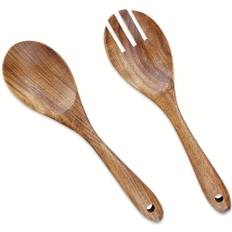 2pcs Salad Spoons, 10.2 Inch Durable Acacia Wood Cutlery Set, Salad Mixer Fork And Spoon, Long Handled Salad Tong, Kitchen Cooking Utensils