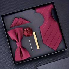 Men's Tie & Square Scarf & Cufflinks & Tie Clip & Brooch Gift Box Set - Red 1