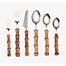 6 Pieces Stainless Steel Kitchen Silverware Dessert Knife, Fork and Spoon, Bamboo Handle Set (Silver)