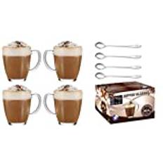 EVER RICH ® Latte Glass Tea Coffee Cup Mug (Fits Tassimo & Dolce Gusto) (385ML X 4 & Spoons)
