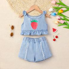 SHEIN Young Girl Fashionable Strawberry Print Denim Vest With Ruffled Hem And Patchwork Lace Shorts Summer Set