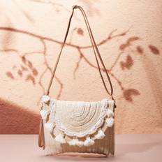 SHEIN Beige Solid Color Straw Woven Tassel Clutch Bag With Stud Buckle Perfect For Beach Vacation Casual Use