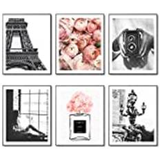 Fashion Wall Art Prints Set of 6 Canvas Art Wall Print Posters Retro Trendy Women Perfume Paris Rose Eiffel Tower Pictures Photo for Home Room Girls Bedroom Wall Decor (8"x10" UNFRAMED)