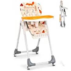 Maxmass Baby High Chair, Folding Infant Feeding Chair with Wheels, Removable Trays, PU Cushion and 5-Point Safety Belts, Height Adjustable Mobile Toddler Highchair for 6-36Months