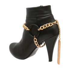 Women gold metal chain boot bracelet shoe black circle charm tassel bling anklet