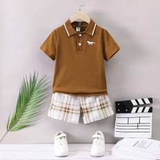 SHEIN Mexican Children Day Young Boys Small TwoPiece Set Brown POLO Shirt Top With D Horse Patch And Plaid Shorts BackToSchool Season Summer Casual Outfit