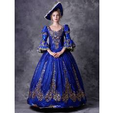 Victorian Dress Costume Women's Royal Blue Half Sleeves Baroque Masquerade Ball Gowns with hat Royal Victorian Era Clothing Retro Costume Halloween