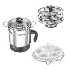 Prestige 1.5l multicooker & steamer with 3 plates idli stand & egg boiling rack