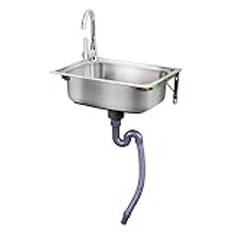 Single Bowl Kitchen Sink Stainless Steel,Free Standing Sink Commercial,with Faucet and Pipe,Drain Kit,Bathroom Corner Sink Garage Floating Sink,for Outdoor Indoor, Garage, Laundry/Utility Room (Size