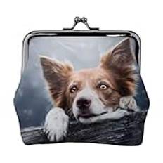 Brown Border Collie Bokeh God with Yellow Eyes, Leather Coin Purse Wallets Leather Change Pouch with Kiss Lock Clasp Buckle Change Purse