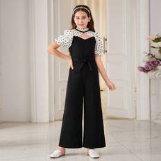 SHEIN Tween Girl Casual Casual Overall Jumpsuit With Ruffle Collar Color Block Polka Dot Printed Bubble Sleeves