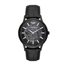 Emporio Armani Elegant Black Leather Mechanical Men's Timepiece - One Size / Black