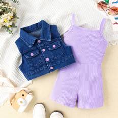 SHEIN Young Girl Leisure Wear Set Solid Color Ribbed Bodysuit And Denim Vest Two Piece Set