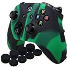 YoRHa Silicone Cover Skin Case for Microsoft Xbox One X & Xbox One S controller x 1(black green) With Pro thumb grips 8 pieces