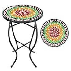 Vipush Mosaic Outdoor Side Table, 14" Round Folding End Table, Patio Accent Table Indoor Plant Stand for Living Room,Geramic Table Top Black Iron,Green Yellow