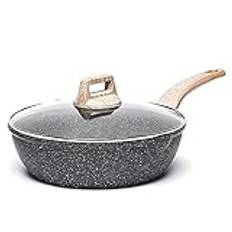 CAROTE Non Stick Frying Pan with Lid, Induction Deep Saute Pan with Lid, Stir-Fry Pan for All Hobs, PFOA Free (Grey, 28cm)