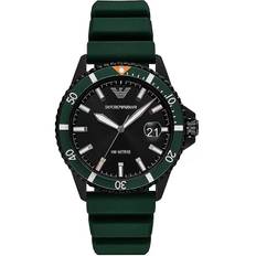Emporio Armani Sleek Diver Timepiece with Green Silicone Men's Band - One Size / Black and Green