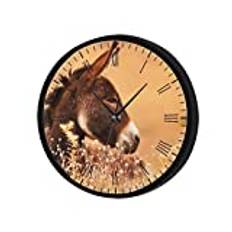 Donkey Lying In Wild Flowers Wall Clock Black 12 Inch Non-Ticking Silent Abs Decorative Clocks Modern Round Clock For Living And Dining Room, Bedrooms, Office, Kitchen, Class Room