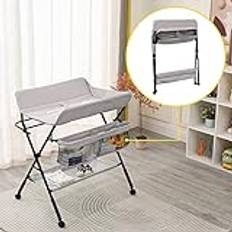 Rainbow Tree Baby Changing Table Portable Folding Diaper Changing Station with Wheels, Adjustable Height Mobile Nursery Organizer with Safety Belt & Storage Racks for Newborn Baby and Infant (Grey)