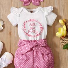 3pcs Baby Girls Cute "isn't She Lovely" Short Sleeve Ruffle Trim Onesie & Polka Dot Belted Shorts & Headband Set, Cotton Casual Clothes - Earth-Yellow - 3-6M