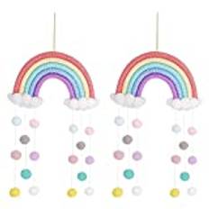 Xinzistar 2 Pack Rainbow Bedroom Wall Hanging Accessories, Macrame Rainbow Tapestry Clouds Cotton Pom Pom Garland Colorful Felt Ball for Girls Kids Baby Room Nursery Wall Decor