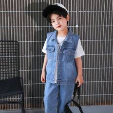 SHEIN pcsSet Young Boy Daily Casual Short Sleeve TShirt Vintage Denim Vest Distressed Jeans Summer Outfits