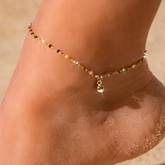 SHEIN pc Minimalist Yellow Gold S Sterling Silver Transfer Beads Lucky Bead Chain Anklet Hypoallergenic Suitable For Women Girls To Wear On Daily Beach Vaca