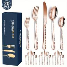 SHEIN pcs Stainless Steel Silverware Set With Flower Printed Design Including Steak Knives Forks Spoons Perfect For Kitchen And Home
