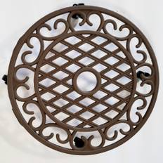 Heavy Weight Cast Iron Lattice & Scroll Plant Caddy on Wheels, Brown, D43 cm