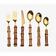 6 Pieces Stainless Steel Kitchen Silverware Dessert Knife, Fork and Spoon, Bamboo Handle Set (Gold)